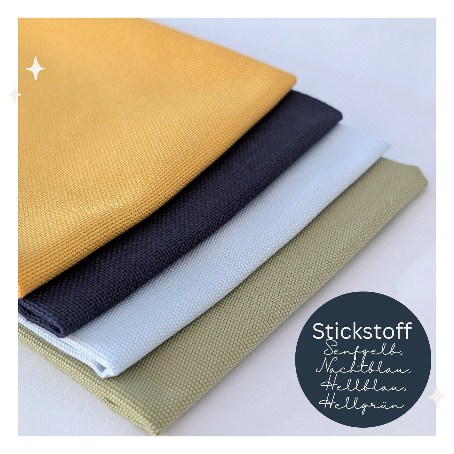 Stoff zum Sticken, 4 Quadrate 30x30cm Farbe Senfgelb, Nachtblau,Hellblau, Grassgrün